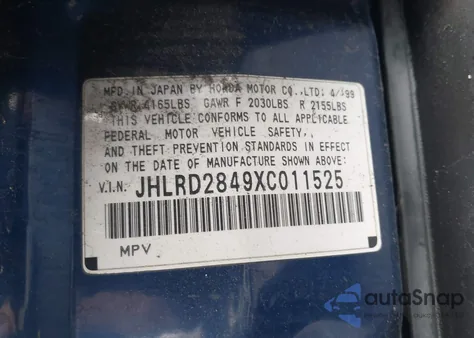 1999 Honda Cr-V Lx из США, поврежденный, VIN JHLRD2849XC011525